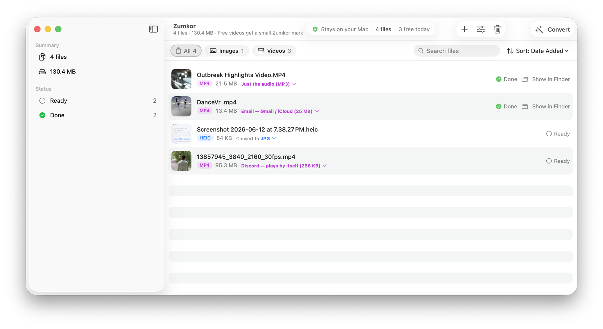 The Zumkor app on macOS converting a batch of files: an MP4 to audio-only MP3, a video compressed to fit Gmail (25 MB), a HEIC screenshot to JPG, and an MP4 to a tiny auto-playing Discord GIF — with a Convert button and a Stays-on-your-Mac badge.